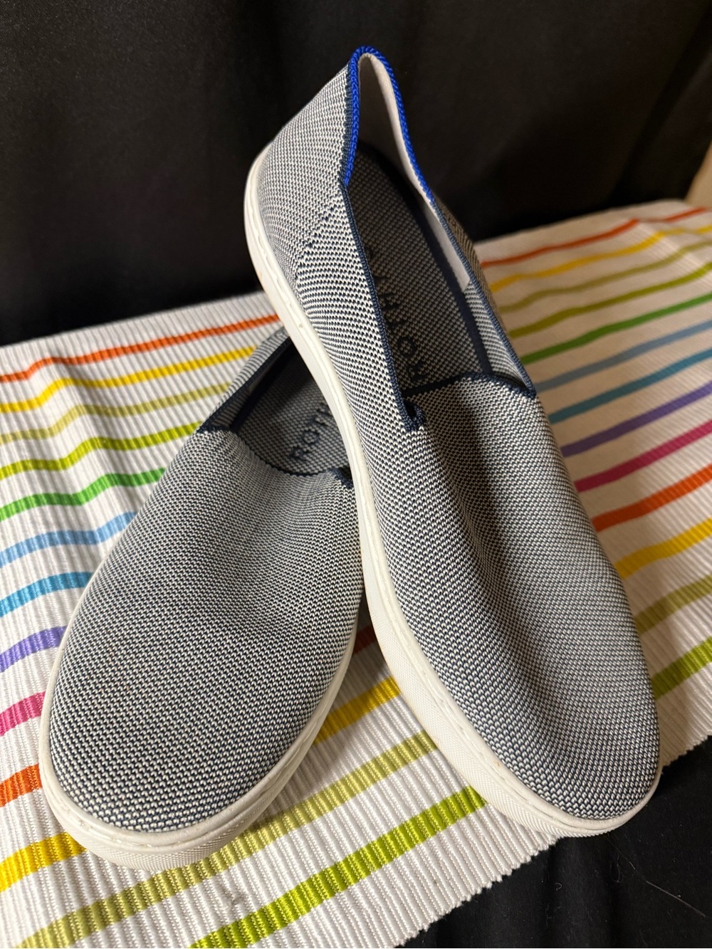 Rothy’s slip on navy and white sneakers